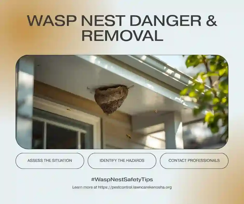 Active paper wasp nest under Wisconsin home eave — open comb structure with adult wasps visible, late summer colony